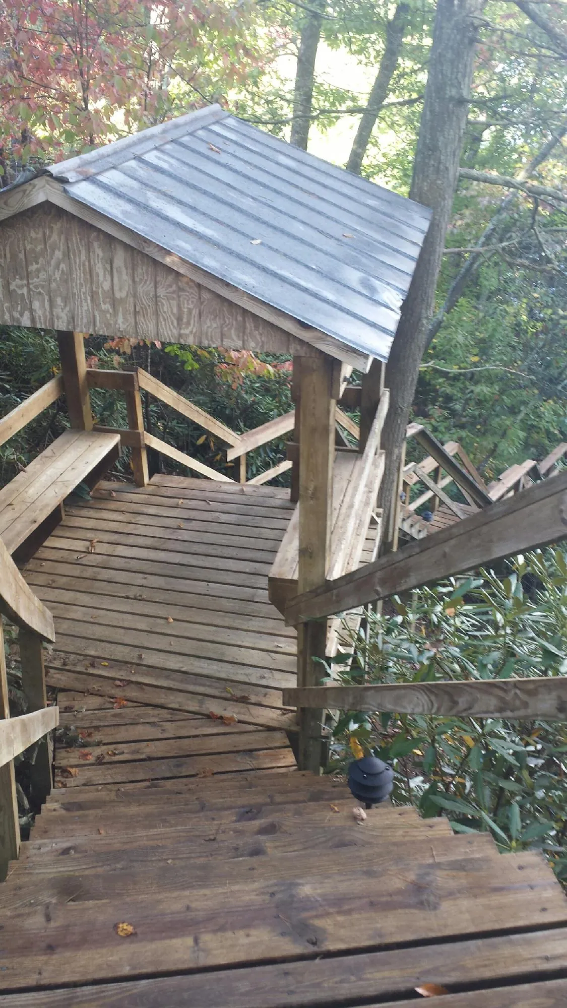 Metal roofed shelter over wooden steps on a wooded walkway — Skylight Repair & Installation work by our crew in Lewes
